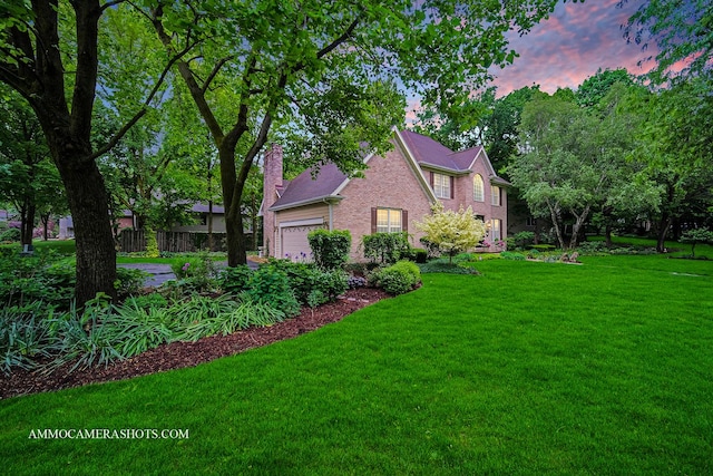 792 Black Walnut Dr, Sugar Grove, IL 60554 - property exterior at dusk with brick siding, a chimney, and a garage