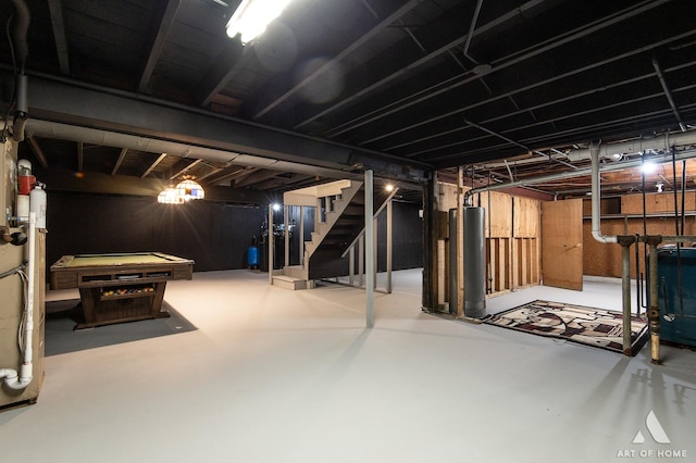 14940 Wilco Dr, Homer Glen, IL 60491 - below grade area with stairs, billiards table, and water heater