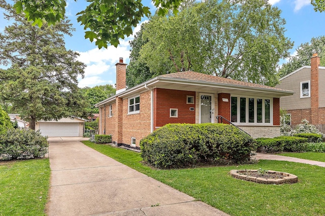 9017 S 50th Ave, Oak Lawn, IL 60453 - view of front of home with a chimney, a front yard, brick siding, and an outbuilding