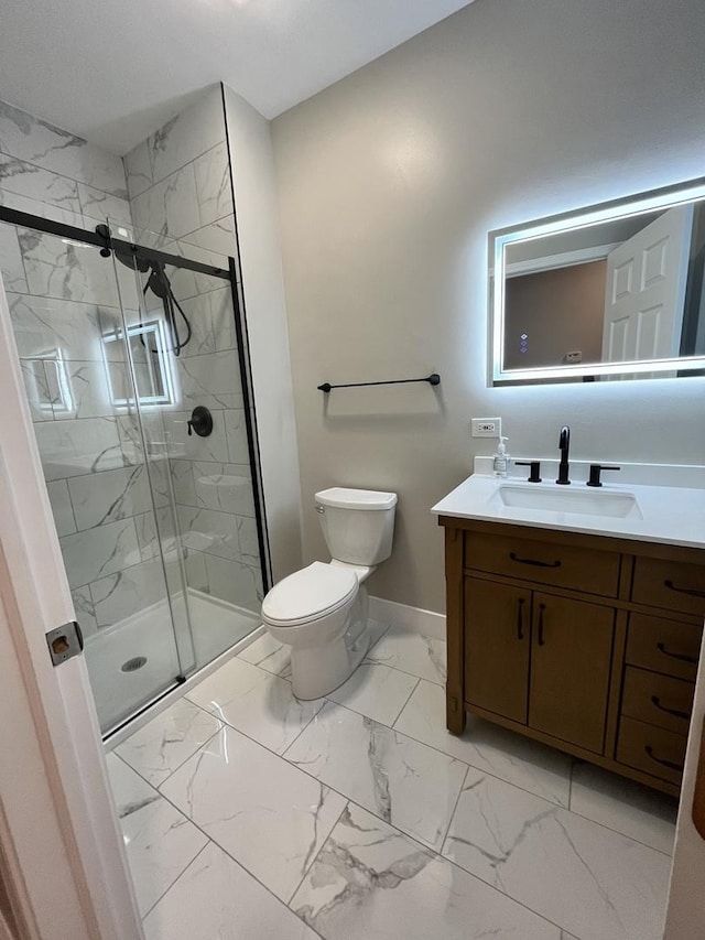 501 W 60th Pl Unit 3, Chicago, IL 60621 - full bath featuring marble look tile flooring, vanity, toilet, a stall shower, and baseboards
