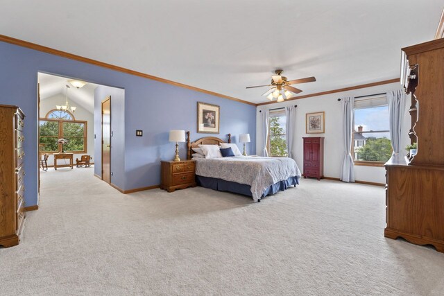 730 N Hundley St, Hoffman Estates, IL 60169 - bedroom featuring baseboards, a chandelier, light colored carpet, crown molding, and ceiling fan