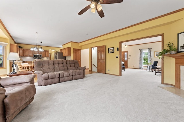 730 N Hundley St, Hoffman Estates, IL 60169 - living room with ceiling fan, light colored carpet, crown molding, a fireplace, and baseboards