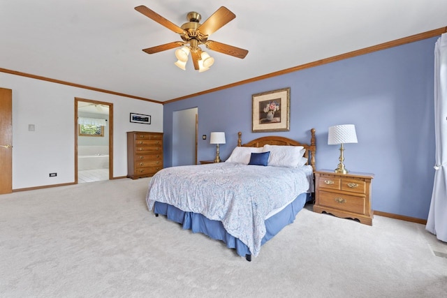 730 N Hundley St, Hoffman Estates, IL 60169 - carpeted bedroom with crown molding, baseboards, ensuite bath, and ceiling fan