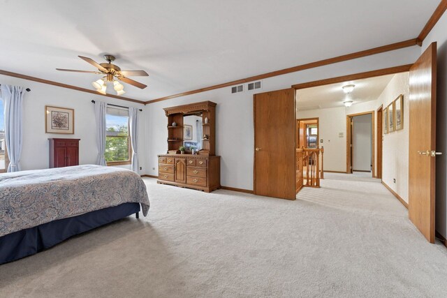 730 N Hundley St, Hoffman Estates, IL 60169 - bedroom featuring light carpet, crown molding, baseboards, and a ceiling fan