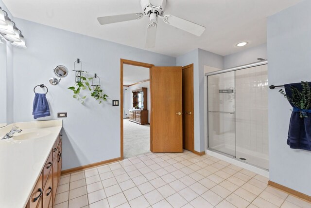 730 N Hundley St, Hoffman Estates, IL 60169 - full bath featuring a shower stall, vanity, baseboards, ceiling fan, and recessed lighting