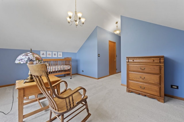 730 N Hundley St, Hoffman Estates, IL 60169 - bedroom with vaulted ceiling, light carpet, a chandelier, and baseboards