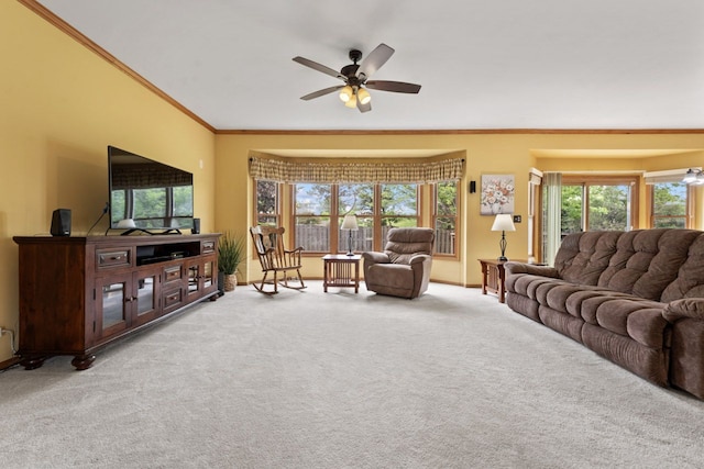 730 N Hundley St, Hoffman Estates, IL 60169 - carpeted living room featuring ornamental molding, a ceiling fan, plenty of natural light, and baseboards