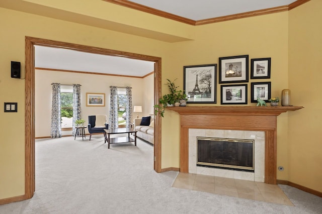 730 N Hundley St, Hoffman Estates, IL 60169 - carpeted living area featuring ornamental molding, a tiled fireplace, and baseboards