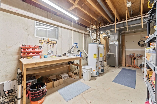 730 N Hundley St, Hoffman Estates, IL 60169 - unfinished basement featuring water heater, heating unit, and a workshop area