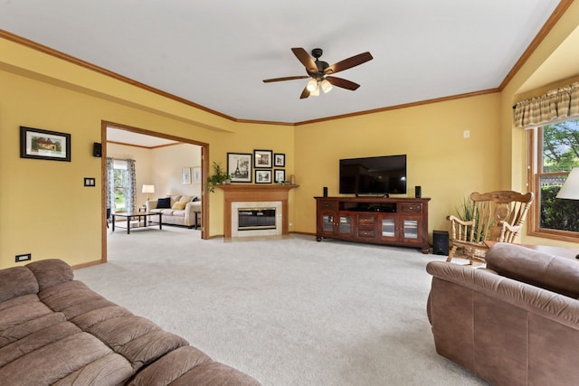 730 N Hundley St, Hoffman Estates, IL 60169 - living area with plenty of natural light, carpet, a ceiling fan, and ornamental molding