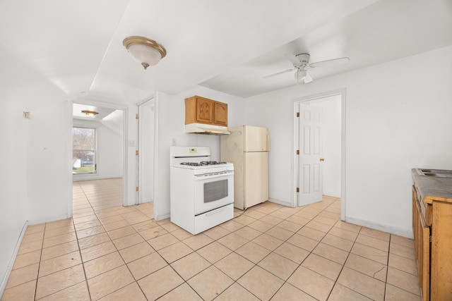 1661 Euclid Ave, Chicago Heights, IL 60411 - kitchen featuring white appliances, under cabinet range hood, ceiling fan, light tile patterned floors, and baseboards