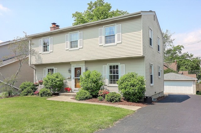 612 Aurora Way, Wheaton, IL 60187 - colonial inspired home featuring an outdoor structure, a chimney, a detached garage, and a front lawn