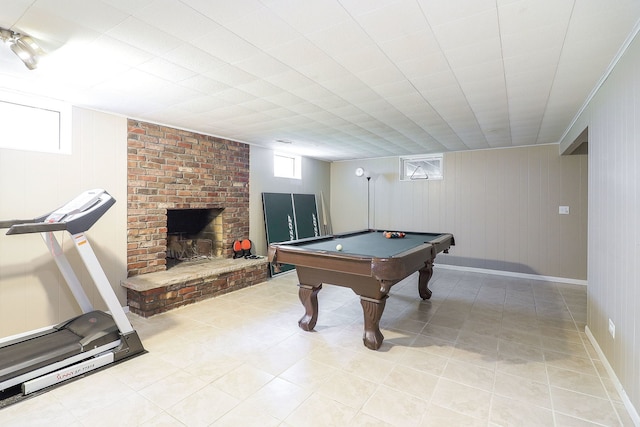 612 Aurora Way, Wheaton, IL 60187 - rec room with billiards table, light tile patterned floors, and a brick fireplace