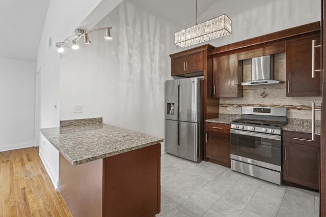 3S261 Briarwood Dr, Warrenville, IL 60555 - kitchen featuring wall chimney exhaust hood, stainless steel appliances, a peninsula, tasteful backsplash, and a chandelier