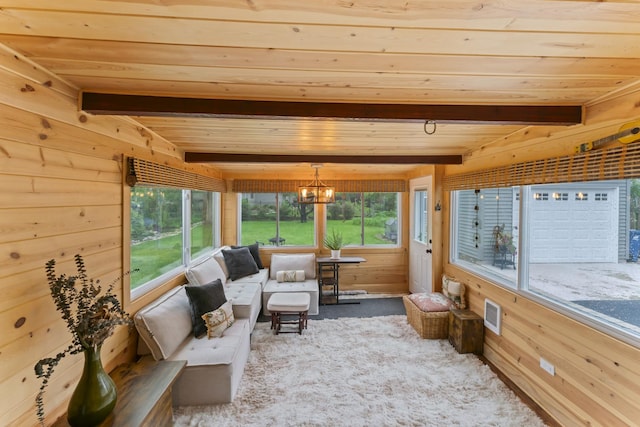 1136 Hazel Ave, Deerfield, IL 60015 - sunroom / solarium featuring wood ceiling with exposed beams, carpet flooring, plenty of natural light, wooden walls, and a chandelier