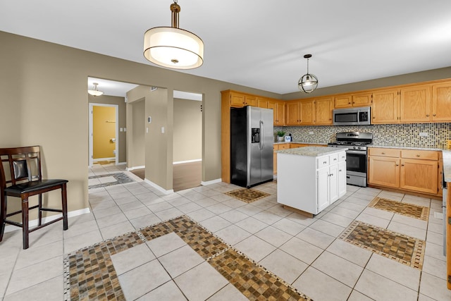 4311 187th St, Country Club Hills, IL 60478 - kitchen featuring stainless steel appliances, light tile patterned floors, light countertops, backsplash, and hanging light fixtures