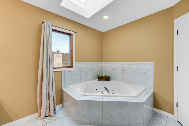 4311 187th St, Country Club Hills, IL 60478 - bathroom featuring a skylight, a whirlpool tub, baseboards, tile patterned flooring, and recessed lighting