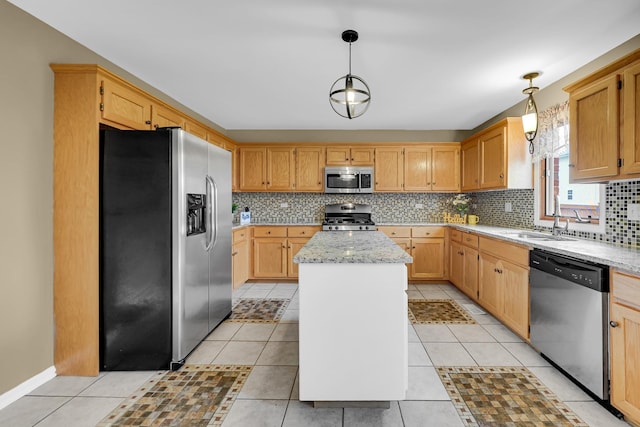 4311 187th St, Country Club Hills, IL 60478 - kitchen with appliances with stainless steel finishes, backsplash, a center island, and pendant lighting