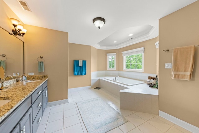 10423 Capistrano Ln, Orland Park, IL 60467 - full bath featuring a tray ceiling, a garden tub, double vanity, and tile patterned flooring