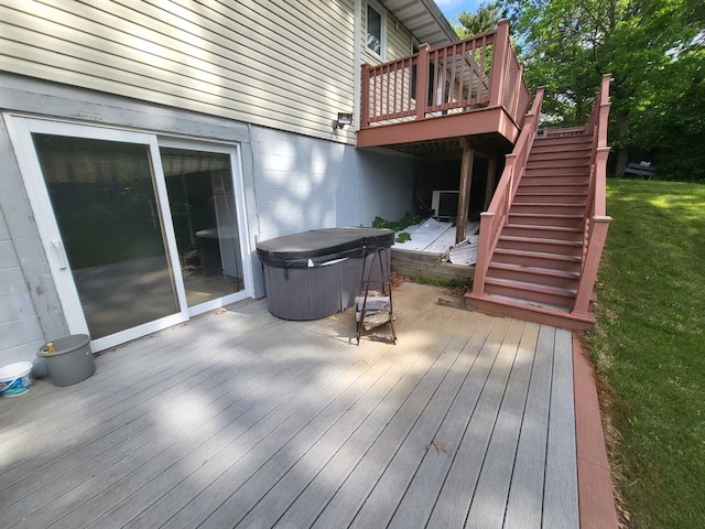 4502 NW Scenic Dr, Peoria, IL 61615 - wooden terrace featuring a hot tub and stairs