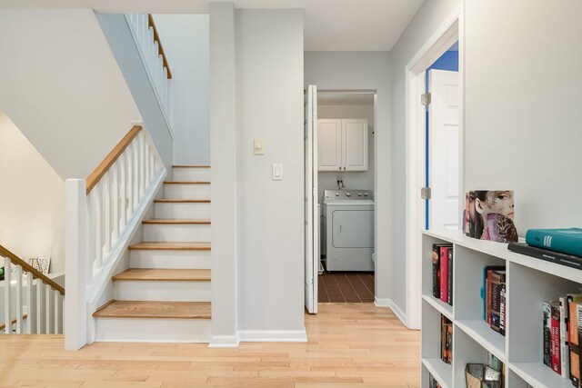 210 Des Plaines Ave Unit B, Forest Park, IL 60130 - stairs with washer / clothes dryer, wood finished floors, and baseboards