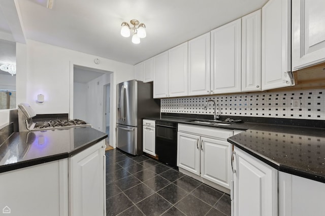 9620 S Sangamon St, Chicago, IL 60643 - kitchen featuring black dishwasher, a sink, dark countertops, stainless steel refrigerator with ice dispenser, and white cabinetry