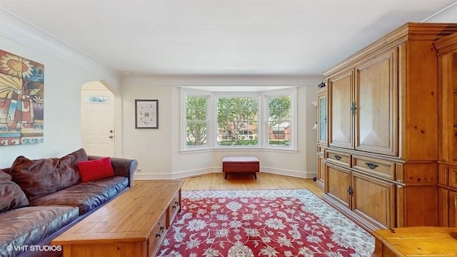 5247 Greenwood St, Skokie, IL 60077 - living area with light wood finished floors, baseboards, and arched walkways