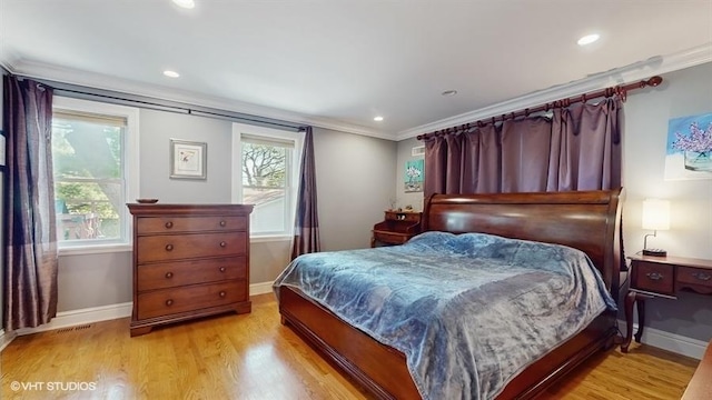 5247 Greenwood St, Skokie, IL 60077 - bedroom with baseboards, crown molding, light wood-style flooring, and recessed lighting