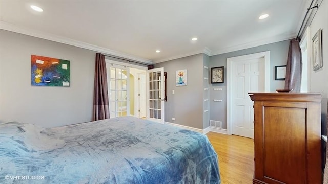5247 Greenwood St, Skokie, IL 60077 - bedroom featuring light wood-style flooring, ornamental molding, french doors, recessed lighting, and baseboards