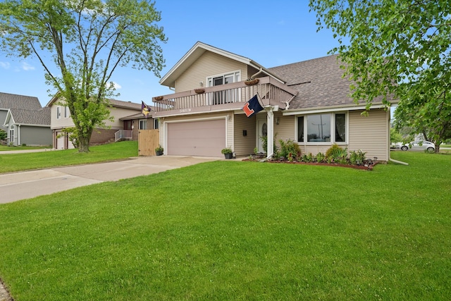 5401 W Arlington Dr, Hanover Park, IL 60133 - traditional-style house featuring driveway, a front yard, a garage, roof with shingles, and a balcony