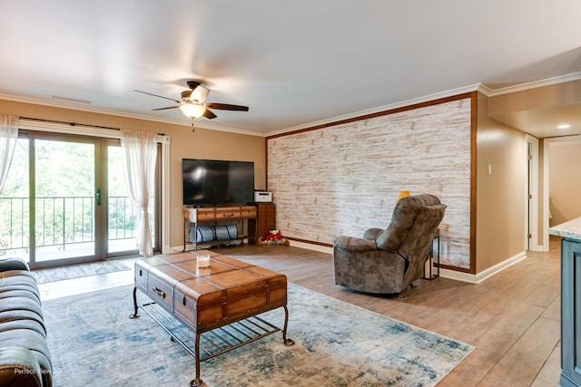 6525 Main St Unit 204, Downers Grove, IL 60516 - living area featuring a ceiling fan, ornamental molding, and light wood-style flooring