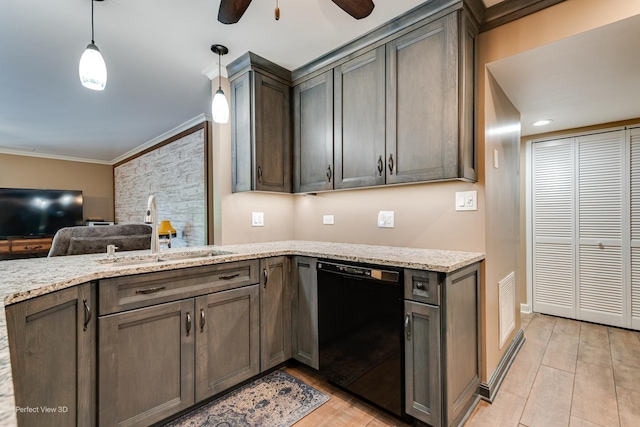 6525 Main St Unit 204, Downers Grove, IL 60516 - kitchen featuring black dishwasher, crown molding, ceiling fan, light wood finished floors, and light stone countertops