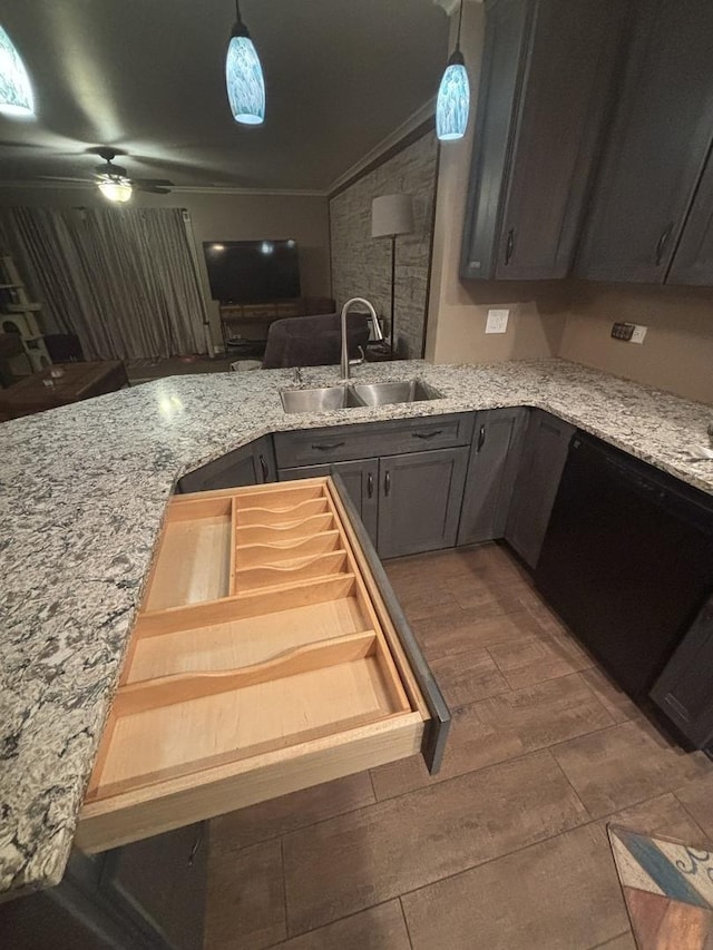 6525 Main St Unit 204, Downers Grove, IL 60516 - kitchen featuring ceiling fan, decorative light fixtures, light stone counters, dishwasher, and ornamental molding