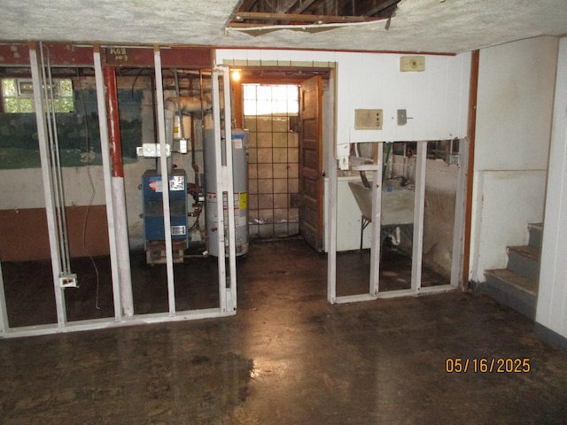 below grade area featuring water heater, stairs, and a heating unit