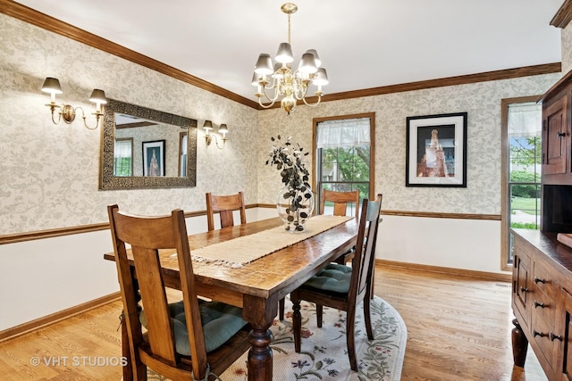 1965 Jamestown Ln, Elgin, IL 60123 - dining area with a chandelier, wallpapered walls, light wood-type flooring, and ornamental molding