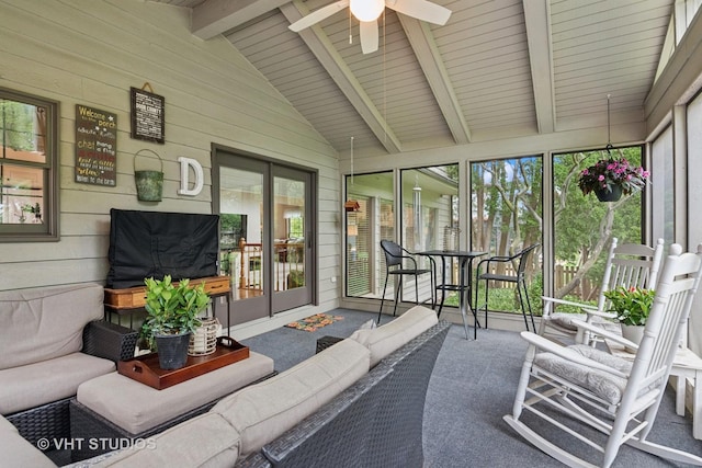 1965 Jamestown Ln, Elgin, IL 60123 - sunroom / solarium featuring french doors, ceiling fan, and an outdoor hangout area