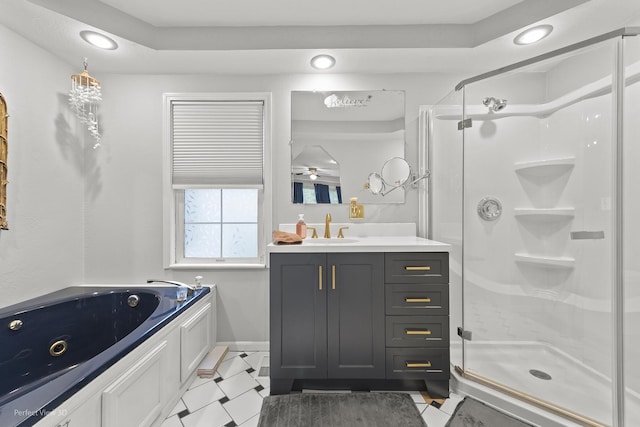 990 Magnolia Ave, Gurnee, IL 60031 - bathroom with a shower stall, a whirlpool tub, vanity, recessed lighting, and baseboards