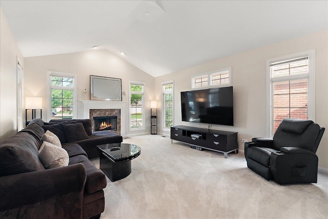 13093 Timber Ct Unit 61, Palos Heights, IL 60463 - living area featuring carpet flooring, lofted ceiling, and a premium fireplace
