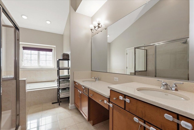 13093 Timber Ct Unit 61, Palos Heights, IL 60463 - full bathroom featuring double vanity, a garden tub, tile patterned floors, and a tile shower