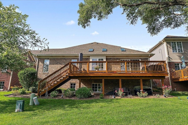 13093 Timber Ct Unit 61, Palos Heights, IL 60463 - rear view of house featuring brick siding, a wooden deck, stairway, a yard, and roof with shingles