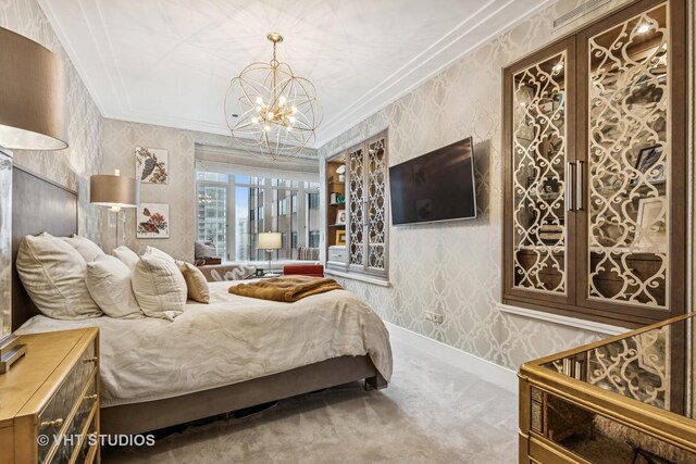 118 E Erie St Unit 21D, Chicago, IL 60611 - bedroom with wallpapered walls, carpet, a chandelier, and crown molding