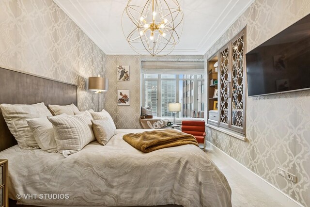 118 E Erie St Unit 21D, Chicago, IL 60611 - bedroom featuring wallpapered walls, crown molding, and a chandelier