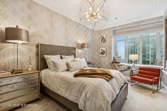 118 E Erie St Unit 21D, Chicago, IL 60611 - bedroom featuring wallpapered walls, a chandelier, carpet floors, and crown molding
