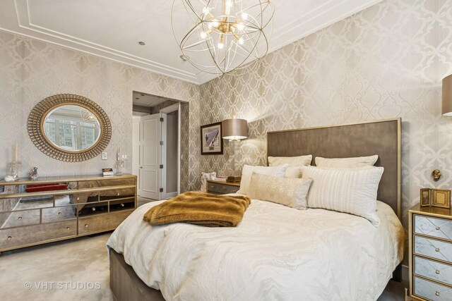 118 E Erie St Unit 21D, Chicago, IL 60611 - bedroom featuring wallpapered walls, ornamental molding, and a chandelier