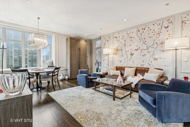 118 E Erie St Unit 21D, Chicago, IL 60611 - living area featuring crown molding, healthy amount of natural light, dark wood finished floors, a chandelier, and recessed lighting