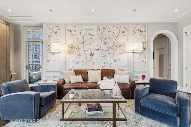118 E Erie St Unit 21D, Chicago, IL 60611 - living room with arched walkways, crown molding, and recessed lighting