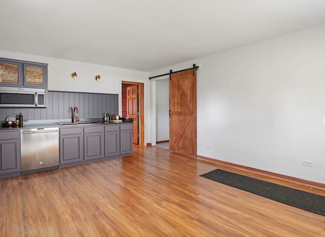1423 N River Rd, Mchenry, IL 60050 - kitchen with a sink, appliances with stainless steel finishes, gray cabinets, light wood finished floors, and wainscoting