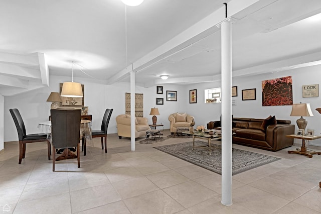 10407 S Artesian Ave, Chicago, IL 60655 - living area featuring light tile patterned floors and beamed ceiling