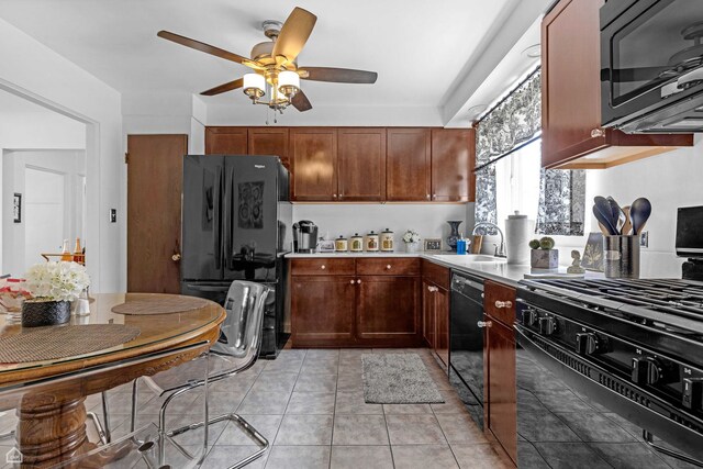 10407 S Artesian Ave, Chicago, IL 60655 - kitchen featuring black appliances, a sink, ceiling fan, light countertops, and light tile patterned flooring