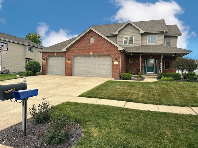 445 Spring Park Loop, Bourbonnais, IL 60914 - view of front of house featuring brick siding, concrete driveway, a front yard, an attached garage, and roof with shingles